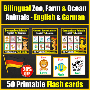 Preview of Bilingual ( German & English ) Farm, Ocean & Zoo Animals Flash cards - Bundle