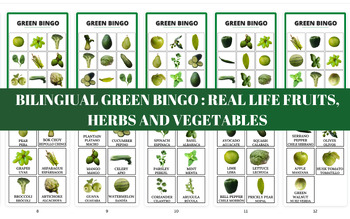 Preview of Bilingual Green Bingo: Real Life Fruits, Herbs, Vegetables