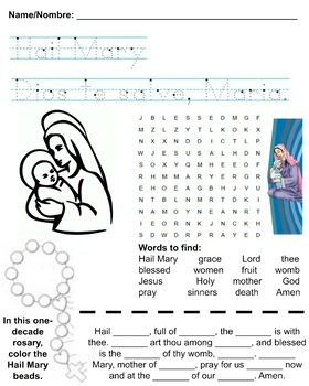 Preview of Bilingual Hail Mary Prayer Catholic Worksheet