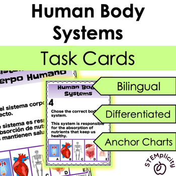 Preview of Bilingual Human Body Systems Task Cards|Anchor Charts|Whole Group| Centers|DI