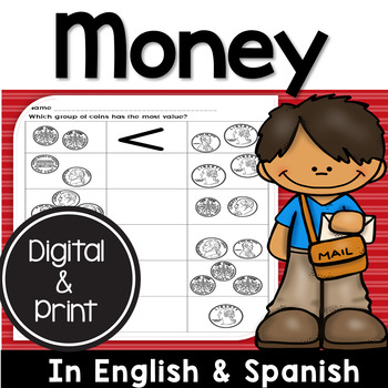 Preview of Counting Money Worksheets English & Spanish Contando el dinero DIGITAL LEARNING