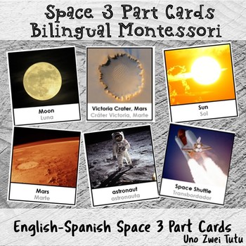 Preview of Bilingual Montessori Space 3 Part Cards Solar System In Spanish And English