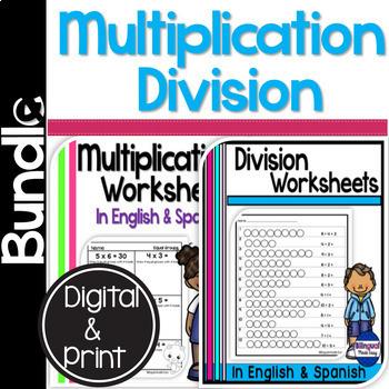 Preview of Bilingual Multiplication and Division Worksheets Bundle in English & Spanish