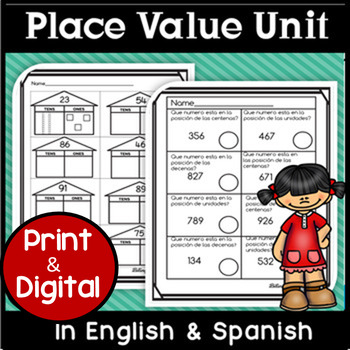 Preview of Place Value Valor posicional Worksheets in English & Spanish