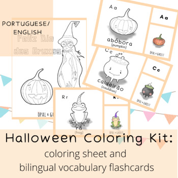 Preview of Bilingual Portuguese - English Halloween Coloring Kit: Flashcards and Sheet