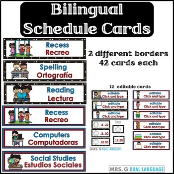Preview of Bilingual Schedule Cards English Spanish Tarjetas para el horario de la escuela