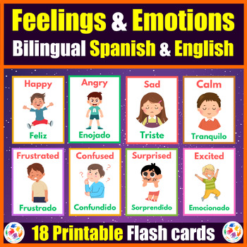 Emotions and feelings Flash cards English and Spanish with