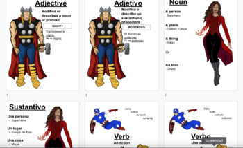 Preview of Bilingual Spanish/English Superhero Parts of Speech Posters