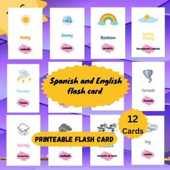 Preview of Bilingual ( Spanish / English ) cute Vocabulary Cards  | 12 Weather Cards
