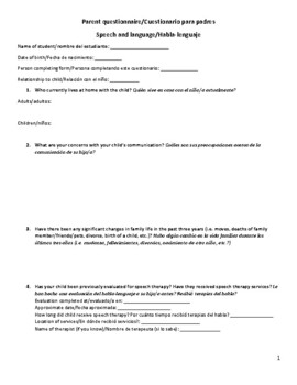 Preview of Bilingual Speech Language Parent Questionnaire (Spanish and English)