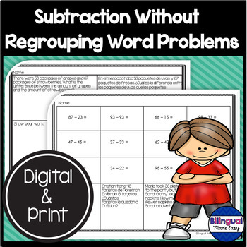 Preview of Subtraction Without Regrouping Worksheets English/Spanish Digital Learning