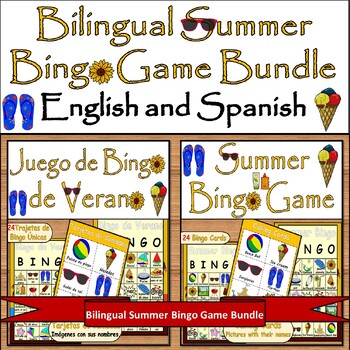 Preview of Bilingual Summer Bingo Game Bundle: English and Spanish/Bilingüe de Bingo Verano