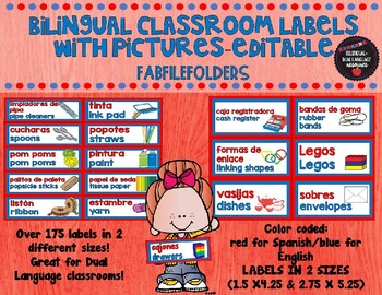 Preview of BILINGUAL/DUAL LANGUAGE CLASSROOM LABELS with pictures-EDITABLE