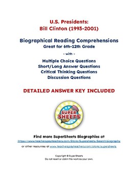 Preview of Bill Clinton Biography: Reading Comprehension & Questions w/ Answer Key