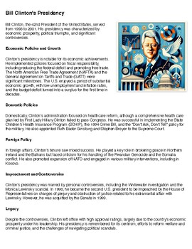 Preview of Presidency of Bill Clinton 1990s Reading Summary and Questions
