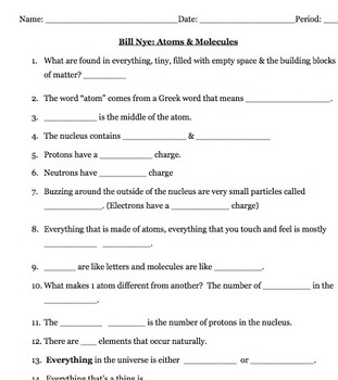 Preview of Bill Nye Atoms and Molecules Video Worksheet