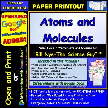 Preview of Video Guide and Quiz for Bill Nye Atoms Molecules - PRINT Version