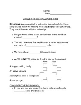 Preview of Bill Nye Cells Video Note Taking Sheet