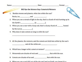 Preview of Bill Nye Comets & Meteors Video Worksheet