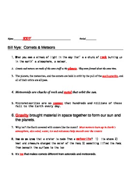 Bill Nye Comets & Meteors Video Worksheet by jjms | TpT