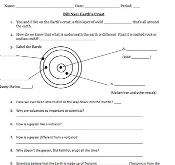 Preview of Bill Nye Earth's Crust Video Worksheet