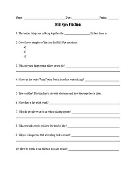 Bill Nye Friction worksheet with answer key by Evelyn Barbour TPT