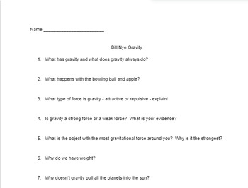 Preview of Bill Nye Gravity Video Sheet with Answer Key