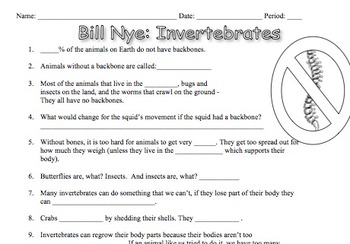 Preview of Bill Nye Invertebrates Video Worksheet