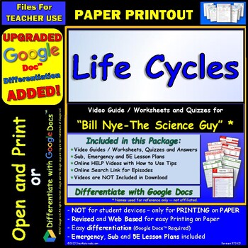 Preview of Video Guide and Quiz for Bill Nye Life Cycles - PRINT Version
