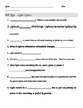 Bill Nye Light Optics Video Worksheet by jjms | Teachers Pay Teachers