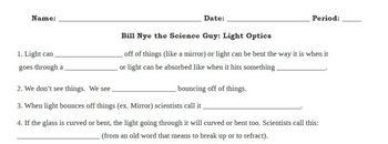 Bill Nye Light Optics Video Worksheet by Mayberry in Montana TpT