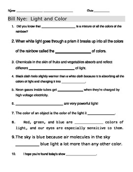 Bill Nye Light and Color Video Worksheet by jjms | TpT