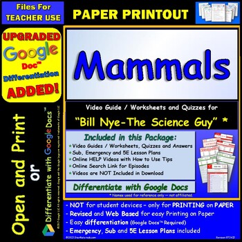 Preview of Video Guide, Quiz for Bill Nye – Mammals * PRINTING Google Doc™/pdf
