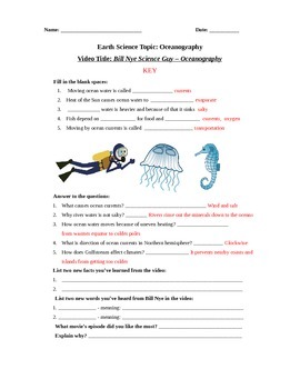 Preview of Bill Nye Science Guy Movie - Oceanography Video Worksheet & Key: Fun + Knowledge