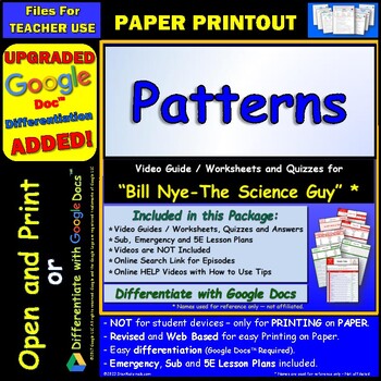 Video Guide Quiz for Bill Nye Patterns * PRINTING Google Doc™/pdf