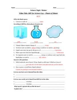 Preview of Bill Nye Science Guy Movie - Phases of Matter. Video Worksheet & Key: Fun!