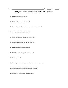 Bill Nye Phases of Matter Worksheet PDF Video Guide Movie Questions