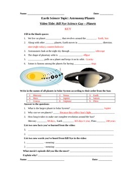 Preview of Bill Nye Science Guy Movie - Planets. Video Worksheet & Key: Fun + Knowledge!