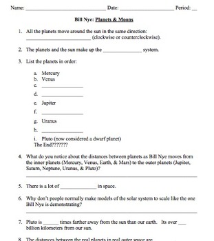 Preview of Bill Nye Planets & Moons Video Worksheet