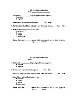 Preview of Bill Nye Pollution Solution 4 Question Quiz