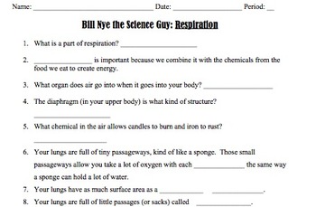 Preview of Bill Nye Respiration Video Worksheet