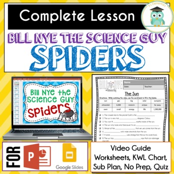 Preview of Bill Nye SPIDERS Video Guide, Quiz, Sub Plan, Worksheets, No Prep Lesson