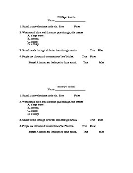 Preview of Bill Nye Sounds 4 Question Quiz and Answer Key