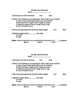 Preview of Bill Nye Static Electricity 4 Question Quiz and Answers