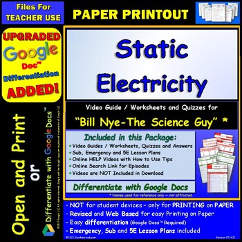 Preview of Video Guide and Quiz for Bill Nye Static Electricity - PRINT Version