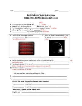 Preview of Bill Nye Science Guy Movie - Sun. Video Worksheet & Key: Fun + Knowledge!