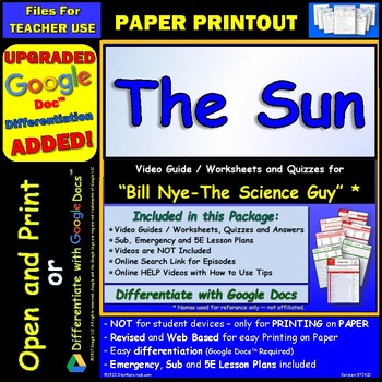 Preview of Video Guide and Quiz for Bill Nye The Sun - PRINT Version