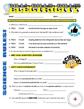 Preview of Bill Nye The Science Guy : ELECTRICITY (physical science / STEM video worksheet)