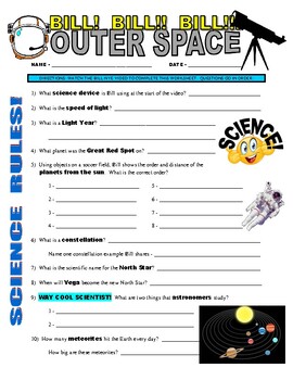 Preview of Bill Nye The Science Guy: OUTER SPACE (space / planets video worksheet / sub)