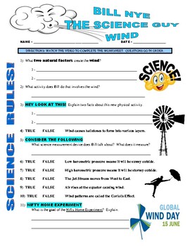 Preview of Bill Nye The Science Guy : WIND (weather video worksheet) / Earth Day / No Prep